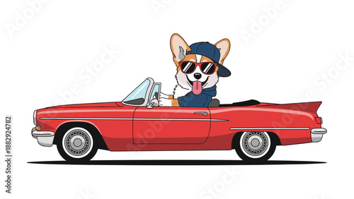 Cool Corgi dog wearing a blue cap and sunglasses driving a classic red convertible car on a white background, ideal for travel.