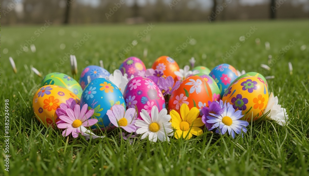 Fototapeta premium art Colorful Easter eggs decorated with flowers in the grass on 