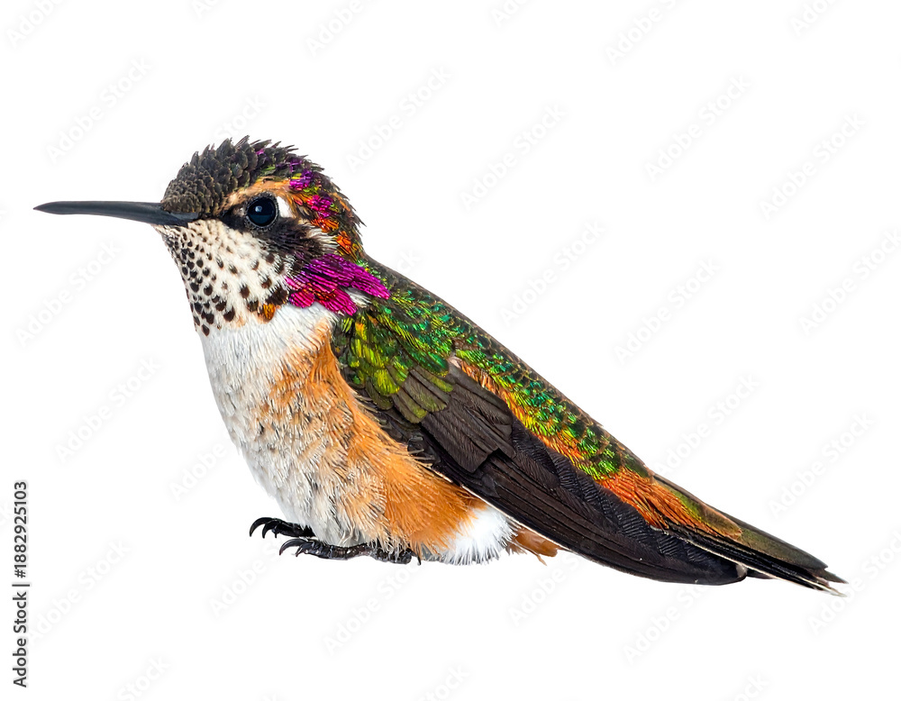 Fototapeta premium Tiny hummingbird with iridescent green, purple, and orange feathers