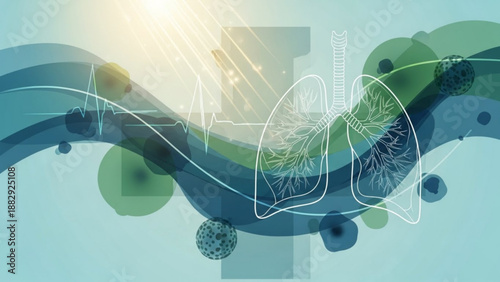 Human lungs with bronchi and bronchioles transparently superimposed on blue green abstract background with light rays
