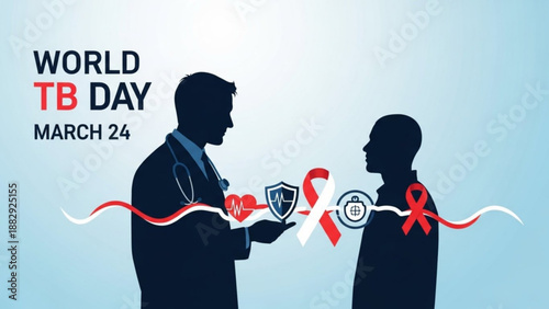 World tb day awareness illustration with doctor and patient silhouettes red ribbons and health symbols on blue background