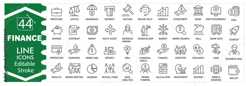Finance icons set, financial management, money, banking, budget, investment, accounting, profit, savings, economy, business planning, cash flow, professional design editable stroke vector Illustration