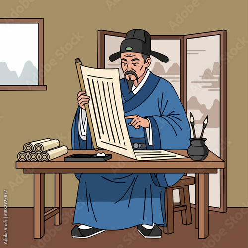 vector of Ancient Chinese scholar illustration, reading bamboo scrolls in study room