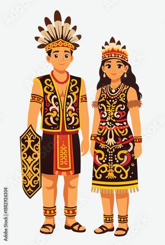 Traditional Dayak Couple Character Illustration