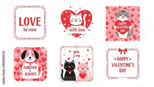 Cute Valentine's Day Illustrations with Cats and Dogs, Hearts and Flowers