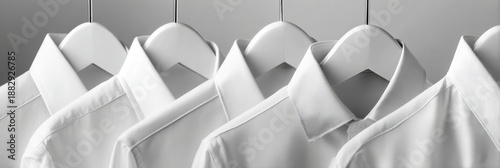 Row of professional white formal shirts hanging on identical hangers, business clothing and corporate dress code concept