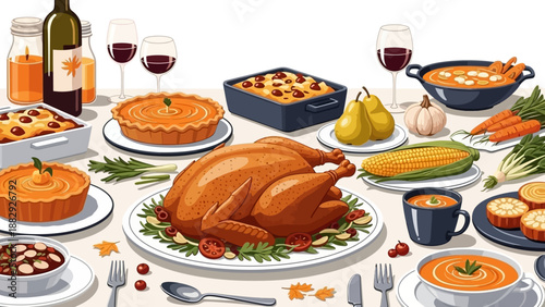 Thanksgiving Dinner Feast with Turkey, Pies, Soup, and Wine