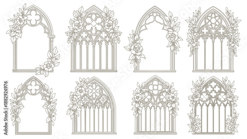 Gothic Arch Frames with Roses and Leaves Collection - Elegant Vector Design Set