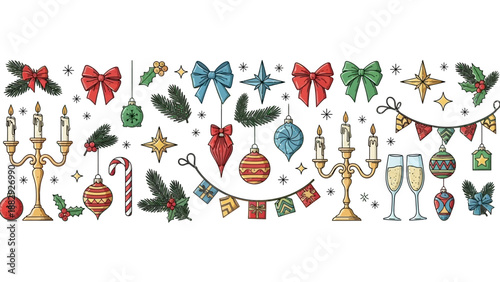 Festive Christmas Ornaments and Decorations Collection, Hand-Drawn Style Vector Art