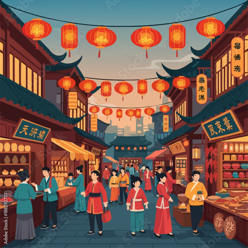 Chinese market street illustration, traditional street with lanterns