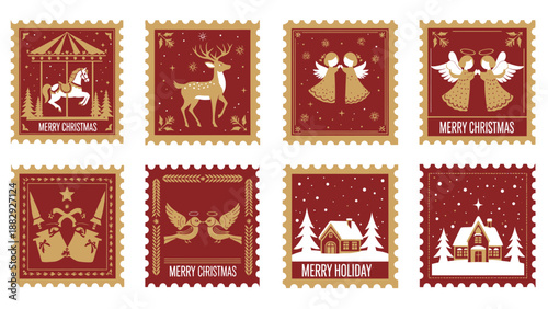 Christmas Holiday Stamps Collection Featuring Festive Designs with Reindeer, Angels, and Houses