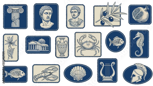 Vintage Collection of Ancient Greek Icons and Symbols on Textured Background