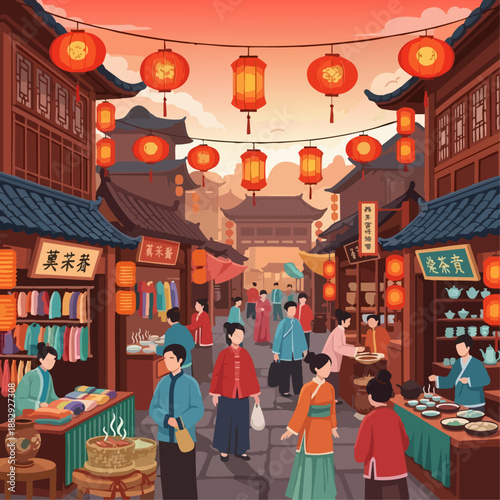 Chinese market street illustration, traditional street with lanterns