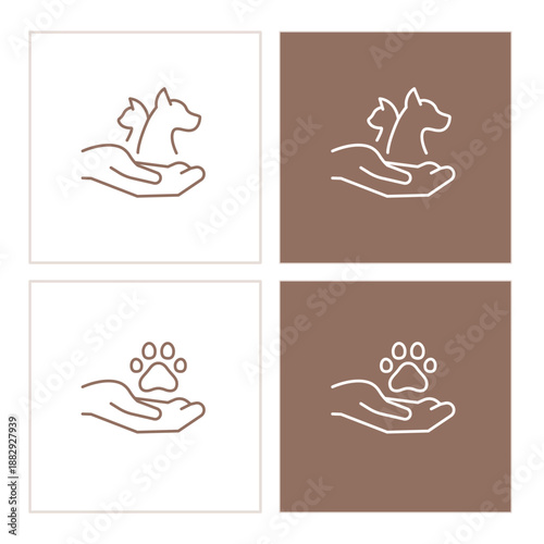 Volunteer hand holding pets icons, line logo design for pet store, veterinarian. Set of four line signs. Veterinary, dog and cat care. Pet linear logo silhouette. Animal healthcare