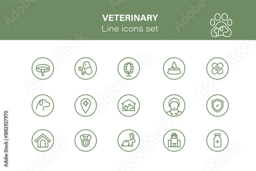 Set of icons related to pet friendly. Linear pictograms collection. Outline set of veterinary clinic icons for web design isolated on white background. Pets healthcare.