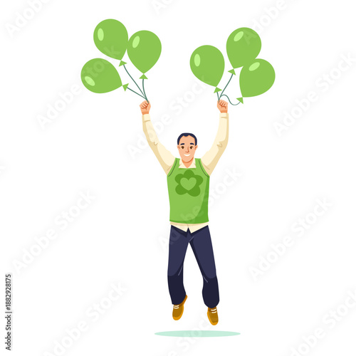 Cheerful man in green shirt with shamrock holding green balloons, floating midair, cartoon style on white background. Concept of celebration. Vector illustration