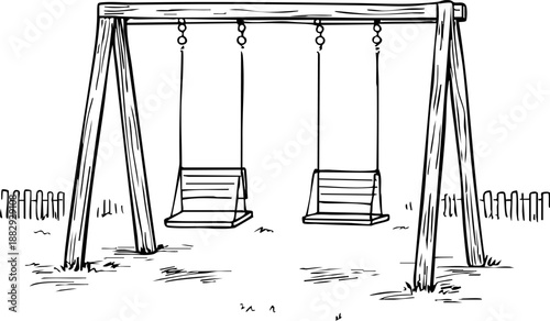 Illustration of a wooden swing set in a grassy area.