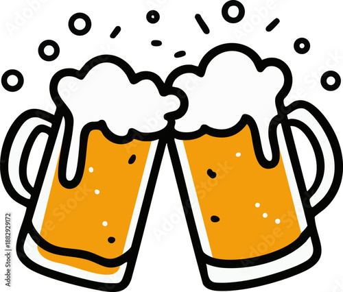 Two frothy beer mugs clinking together with splashes.