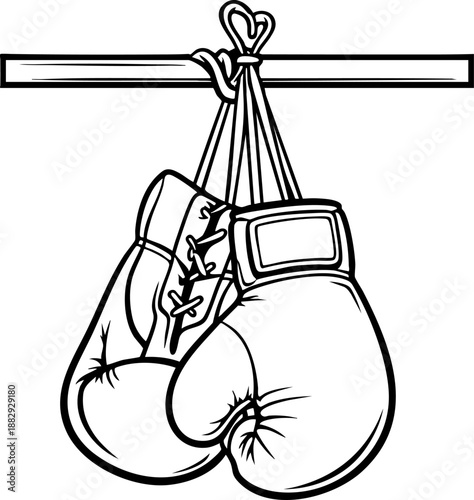 Two boxing gloves hanging on a hook monochrome illustration.