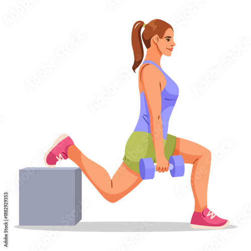 Fit woman doing Bulgarian split squat with dumbbells, flat graphic style, isolated on white background. Concept of strength training. Vector illustration