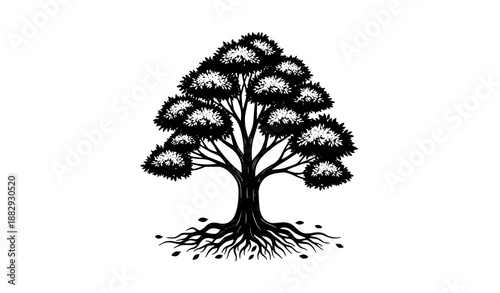 Minimal tree silhouette with strong roots and fallen leaves vector icon style