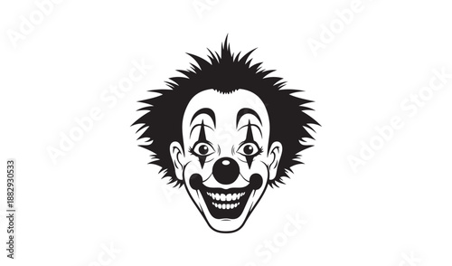 Scary Circus Clown Face with Spiky Hair and Red Nose, Halloween Joker Mascot, Black and White Vector Portrait