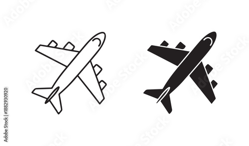 Set of Two Airplane Silhouettes, Flying Jet Outline and Solid Icon, Travel Tourism and Aviation Vector Art