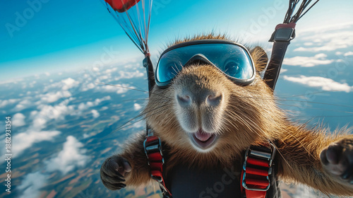 A funny capybara wearing goggles is parachuting above the clouds, a concept of extreme, adventurous, and humorous animal travel.