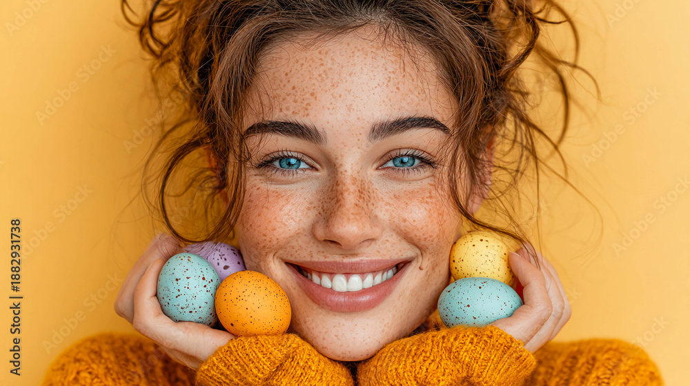 Obraz premium A smiling young woman with freckles holds Easter eggs in front of her face on a yellow background, representing the concept of Easter and spring.