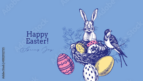 Happy Easter vintage hand drawn banner with bunny, nest, bird, flowers and eggs. Greeting card and invitation design. Retro sketch vector illustration
