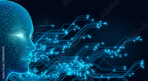 Blue Wireframe AI Face Emitting Data Streams and Neural Connections on Dark Futuristic Background