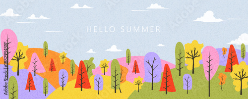 Autumn posters set with bright cute leaves Minimalistic style with elements of mountains, sky, clouds and trees. can be used for summer background, sale banner, flyer design. Vector illustration.