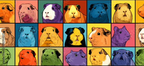 Nine cute guinea pigs in a colorful pop art distinct grid pattern. Pop art guinea pig distinct pet portraits grid