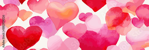 Watercolor hearts creating a seamless pattern in shades of pink and red on a white background. Seamless watercolor heart pattern for Valentine's Day love