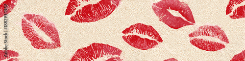 Red lipstick kiss marks covering a cream textured paper surface, creating a playful pattern. Red lipstick kiss marks seamless pattern on textured paper
