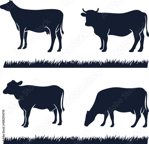 Farm Cow Silhouettes Grazing on Grass Vector Illustration Set