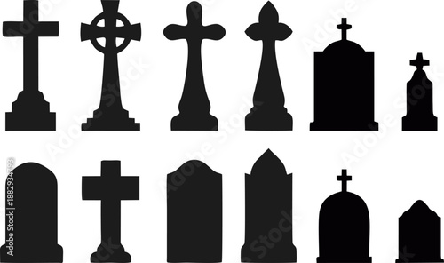 Cemetery Tombstones and Crosses Silhouette Icon Set