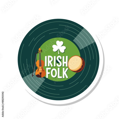 Irish Folk Music Vinyl Record Sticker with Shamrock and Instruments.