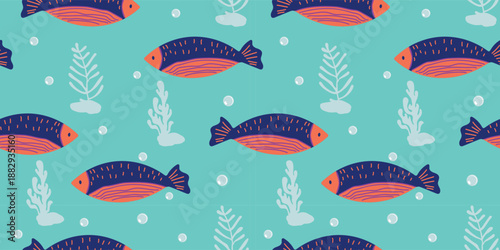 Seamless Fish Pattern with Sea Plants on Mint Background, Fresh Marine Vector Texture for Fabric and Nursery Design