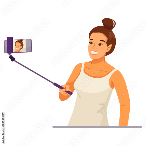 Young happy woman using a selfie stick to take awith smartphone, cartoon style, isolated white background. Concept of digital self-portrait. Vector illustration