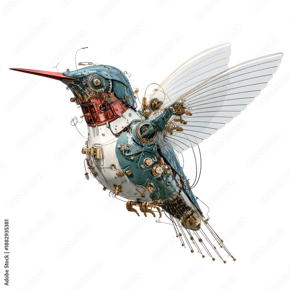 Fototapeta premium Mechanical hummingbird made of metal and glass, showing intricate design and colorful details in mid-flight position