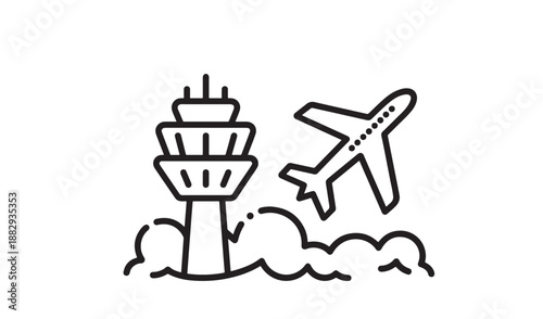 Airport control tower with an airplane following a dotted flight path, line art icon