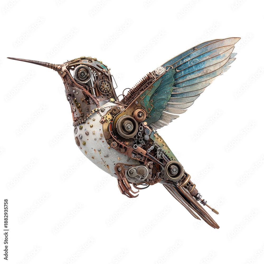 Fototapeta premium Metal hummingbird sculpture in flight created with gears and mechanical parts showcasing art and design in an imaginative style