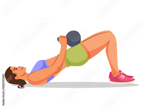 Woman performing a glute bridge while holding a kettlebell, flat cartoon style on a white background. Concept of strength and fitness. Vector illustration