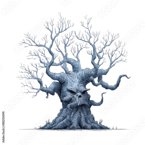 Large tree with twisted branches and unique bark texture in a simple style, showing intricate details of nature
