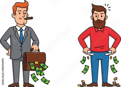 Cartoon financial contrast illustration, rich businessman money artwork, poor man empty pockets design, wealth disparity drawing, economic inequality scene