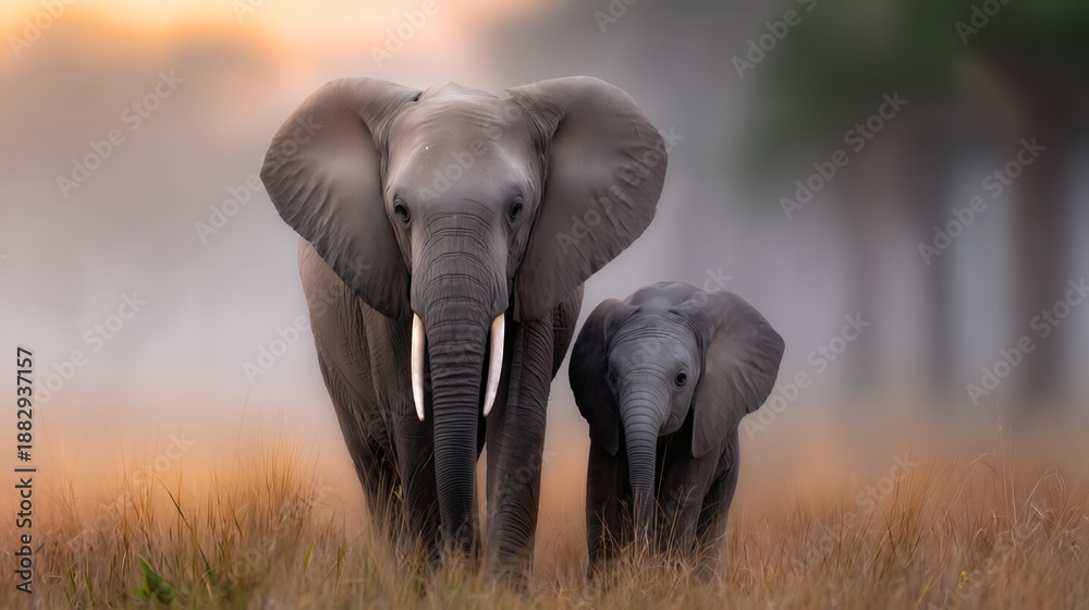 Fototapeta premium Mother and baby elephant walking through a misty savannah at sunset with blurred background