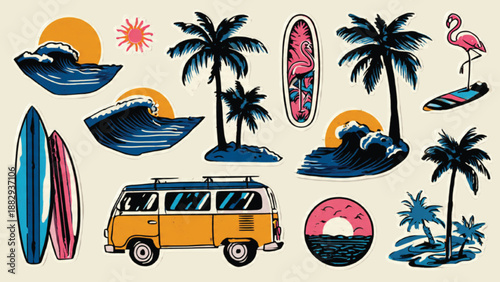 Bold Retro Tropical Surf Lifestyle Vector Illustration Set Featuring Ocean Waves, Palm Trees and Beach Travel Elements