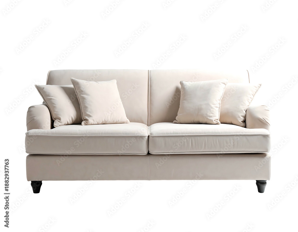 Fototapeta premium A plush, light-colored sofa with two accent pillows and dark legs