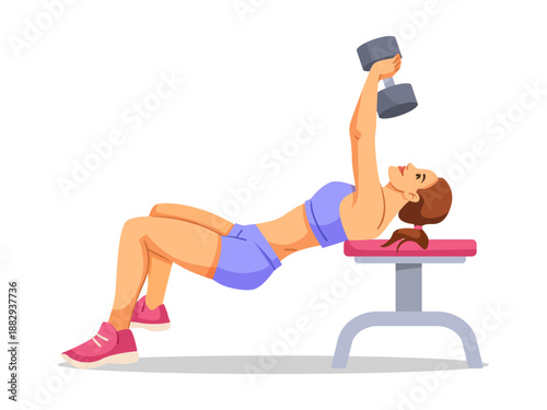 Female athlete doing dumbbell press on bench, flat cartoon style, white background. Concept of strength training and healthy lifestyle. Vector illustration